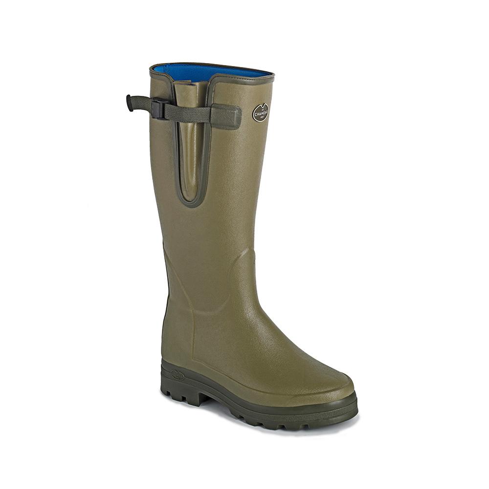 Le Chameau Vierzonord Womens: waterproof green boot with buckle and blue neoprene lining.
