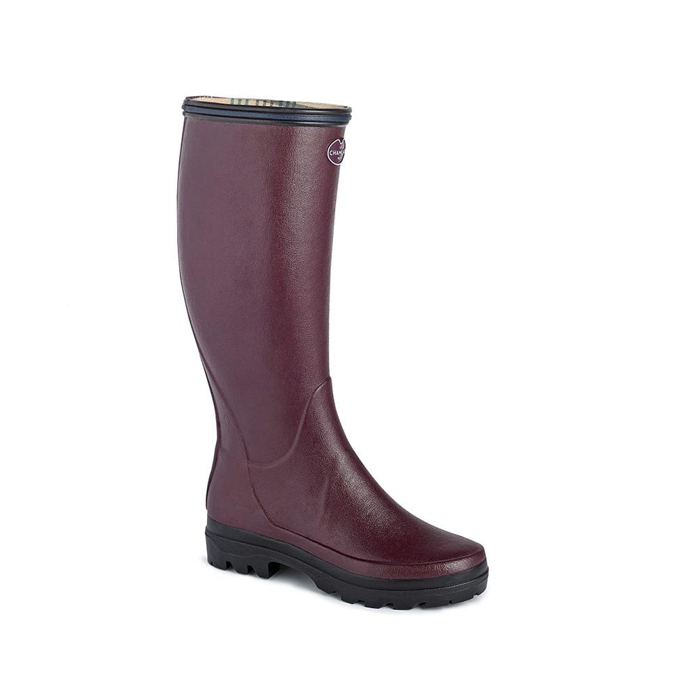 Le Chameau Giverny maroon women's walking boot with black sole and all terrain grip.