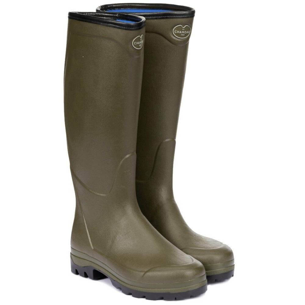 Green Le Chameau Country Cross Neoprene boots with black soles and natural rubber.