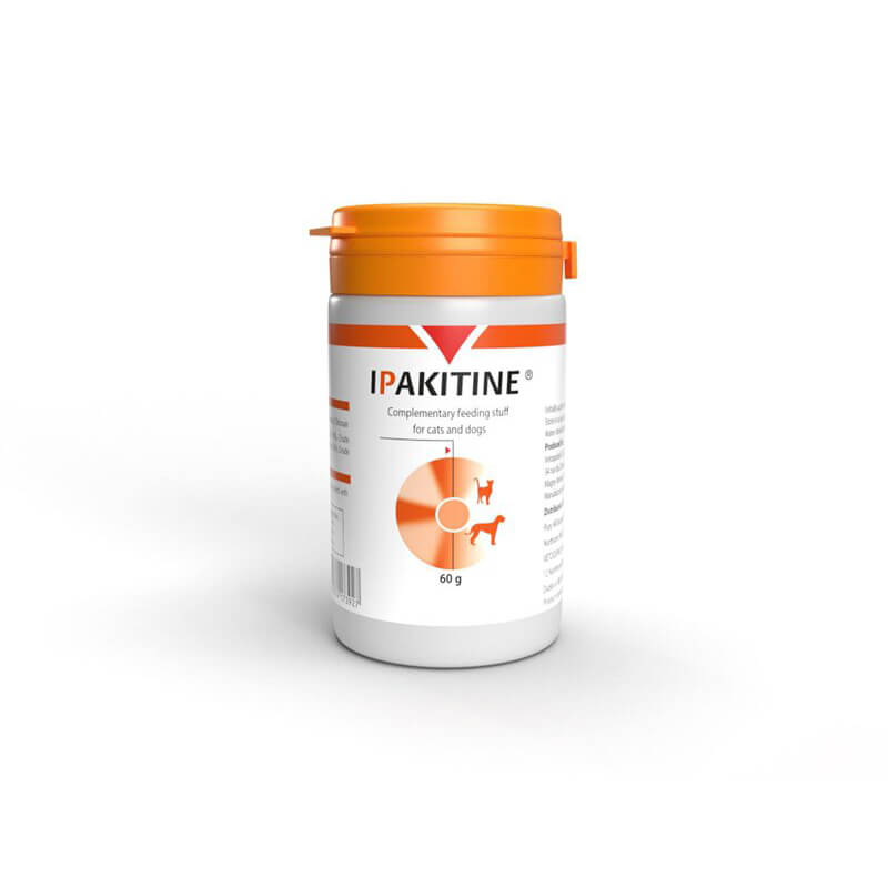 Vetoquinol Ipakitine 60g phosphate binder for cats &amp; dogs in white container with orange lid.