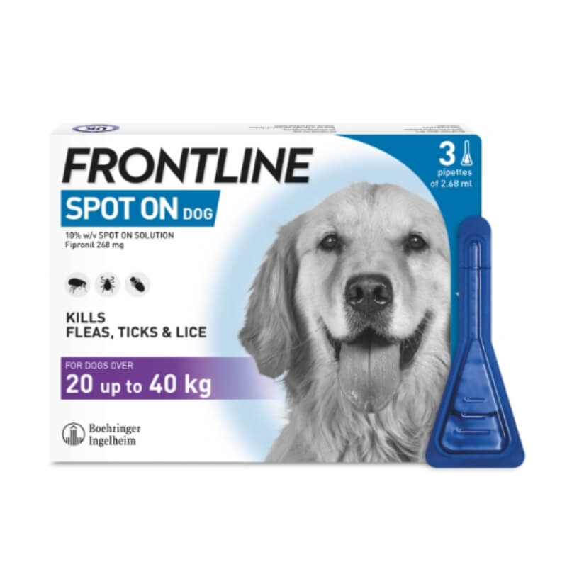 Frontline Large Dog flea &amp; tick treatment, box features smiling dog and applicator.