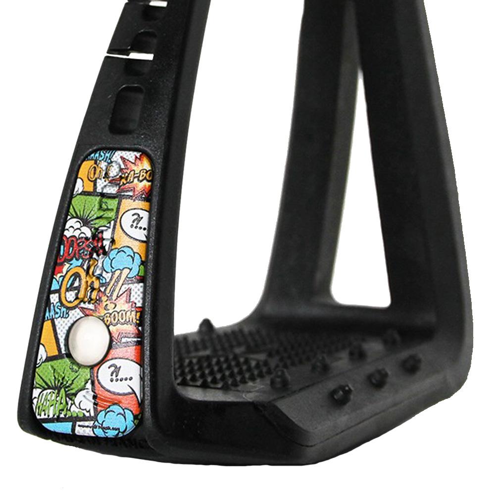 Freejump Lite Pins by Freejump: black stirrups with comic design and textured footrest.