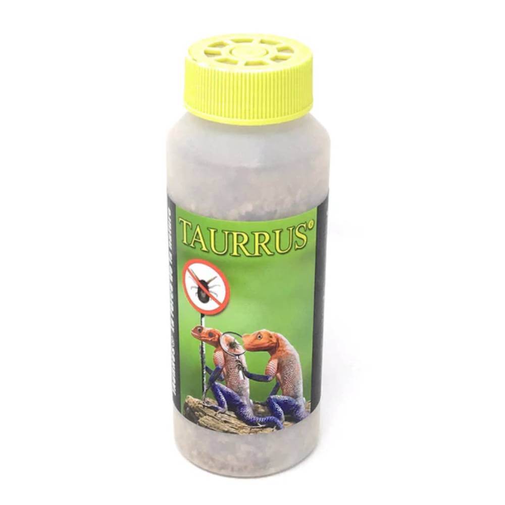 Taurrus Live Biological Mite Control jar, Taurrus brand, with lizards on a green label.