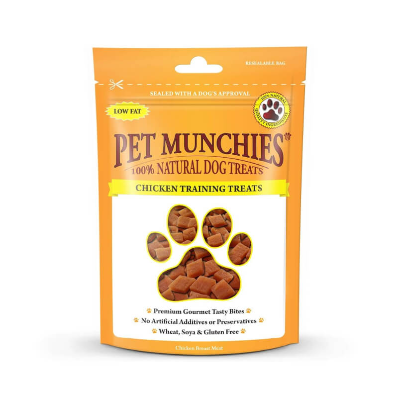 Pet Munchies Natural Chicken Training Treats 50g—orange bag of dog treats with details.