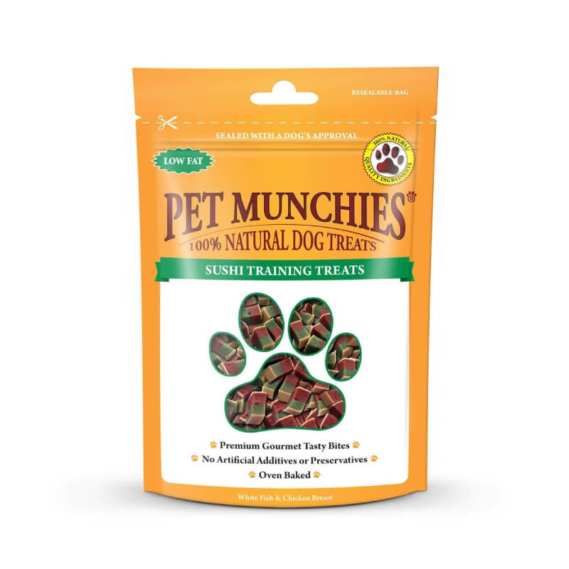 Pet Munchies Natural Sushi Training Treats 50g, in orange bag with large paw print design.
