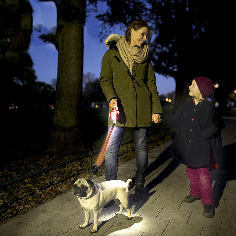 Woman and child walking dog at night with Flexi Vario LED Flash Belt for safety and visibility.