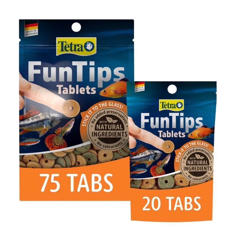Two packs of Tetra Fun Tips Tablets by Tetra: 75 tabs and 20 tabs, for interactive fish feeding.