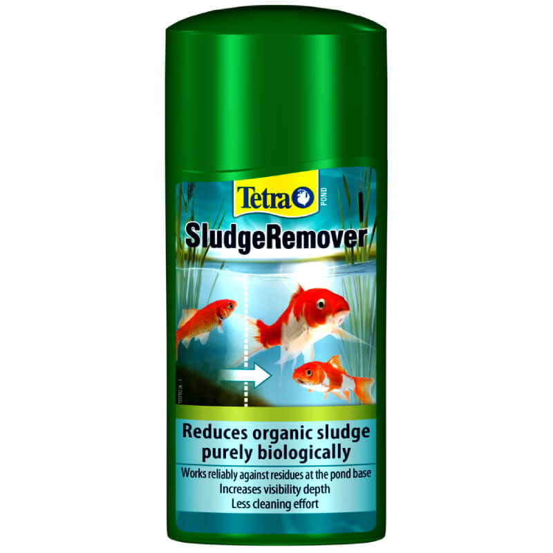 Tetra Pond Sludge Remover 250ml for garden ponds with goldfish, benefits listed on label.