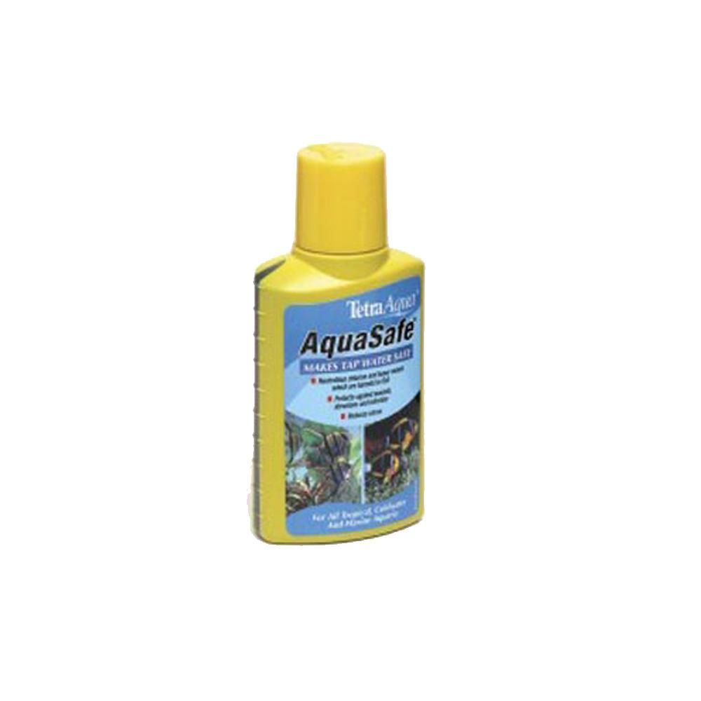 Tetra Aquasafe water conditioner dechlorinates fish tanks; yellow bottle by Tetra.