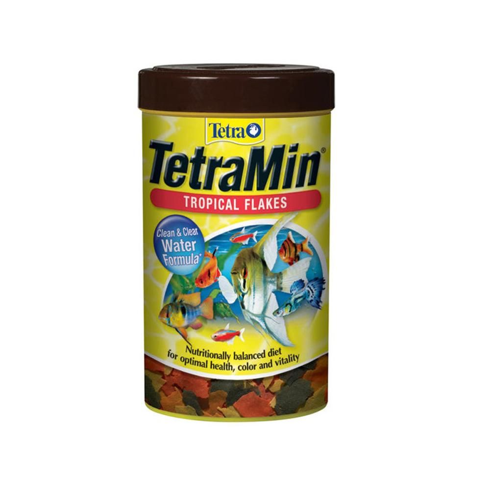 Tetra Tetramin Tropical Flake fish food with colorful tropical fish on the label.