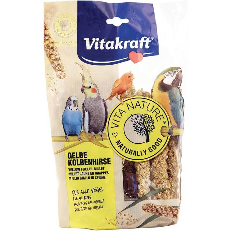 Vitakraft Vita Nature Millet Sprays 300g bird food bag with four colorful birds on the front.