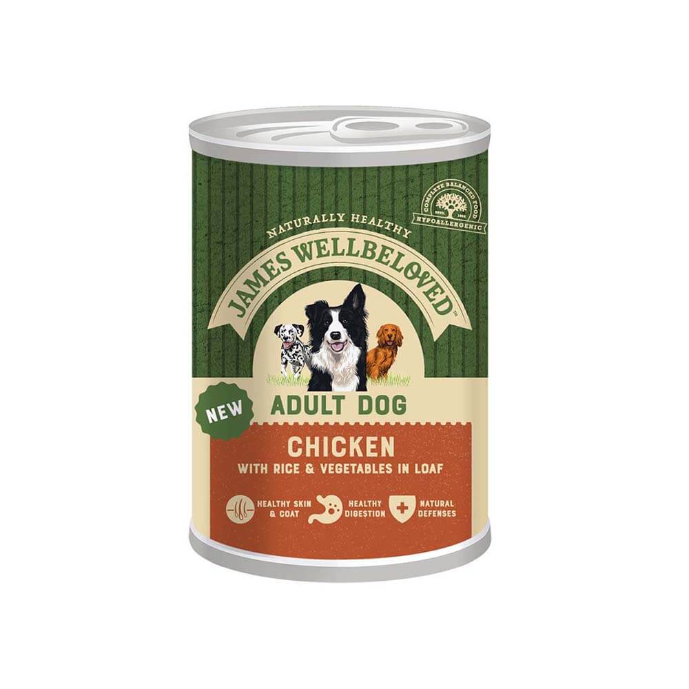James Wellbeloved Adult Chicken &amp; Rice in Loaf Can 400g—complete wet food for adult dogs.