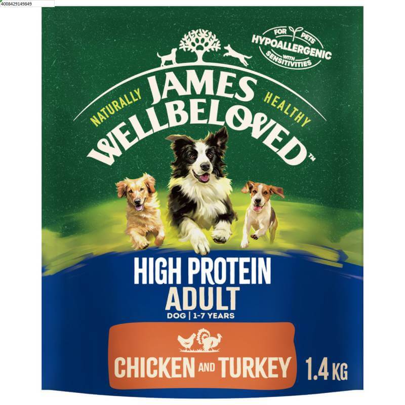 James Wellbeloved High Protein Dog Chicken &amp; Turkey, 1.4kg, for adult dogs (3-pack).
