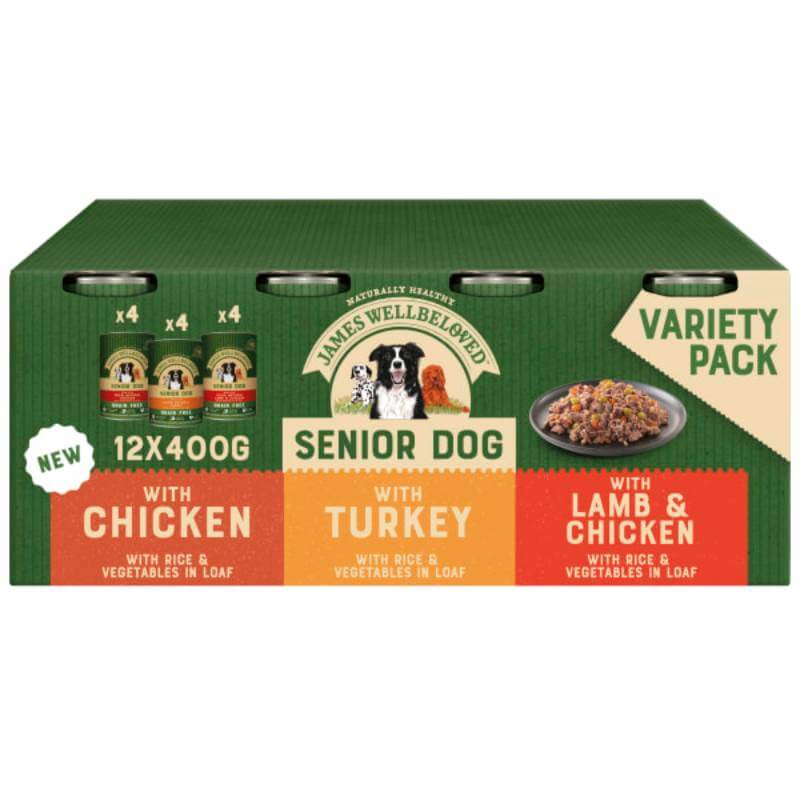James Wellbeloved Senior Turkey, Lamb &amp; Chicken 12x400g cans in loaf for dogs.