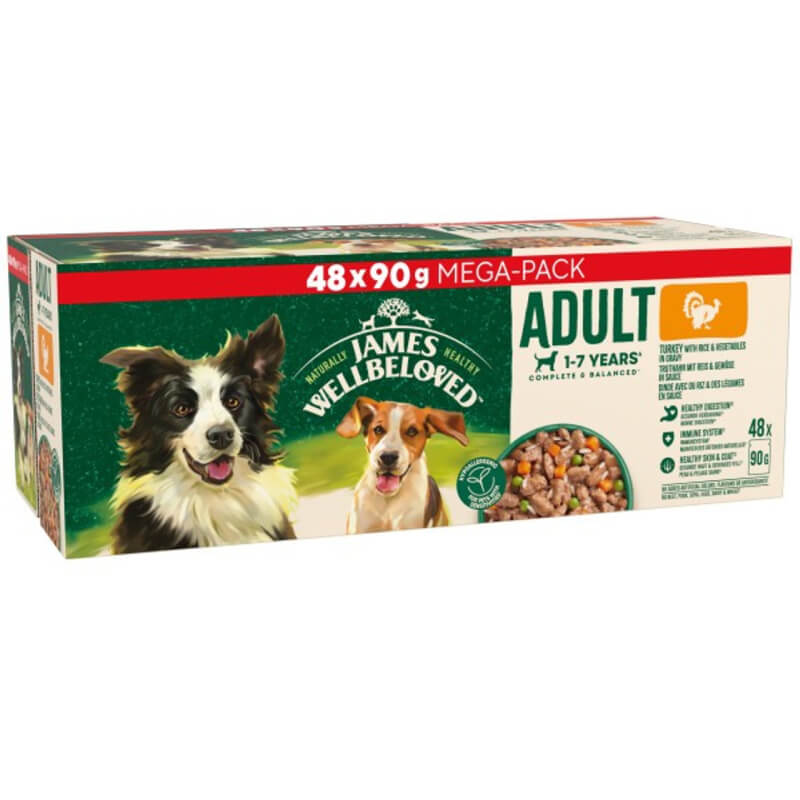 James Wellbeloved Adult Turkey in Gravy Dog Pouch 48x90g, natural ingredients for adults.