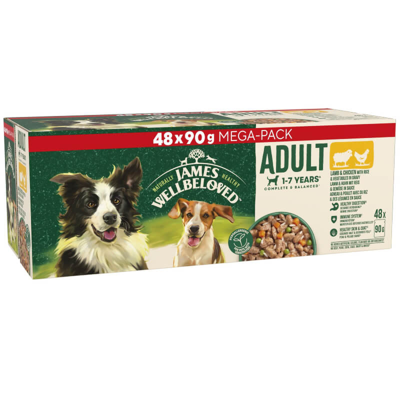James Wellbeloved Adult Lamb &amp; Chicken in Gravy Dog Pouch 48x90g supports healthy digestion.