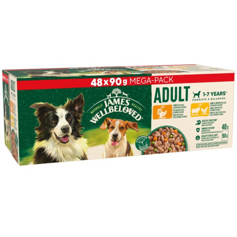 James Wellbeloved Adult Mixed Selection Gravy Dog Pouch 48x90g box features two dogs.