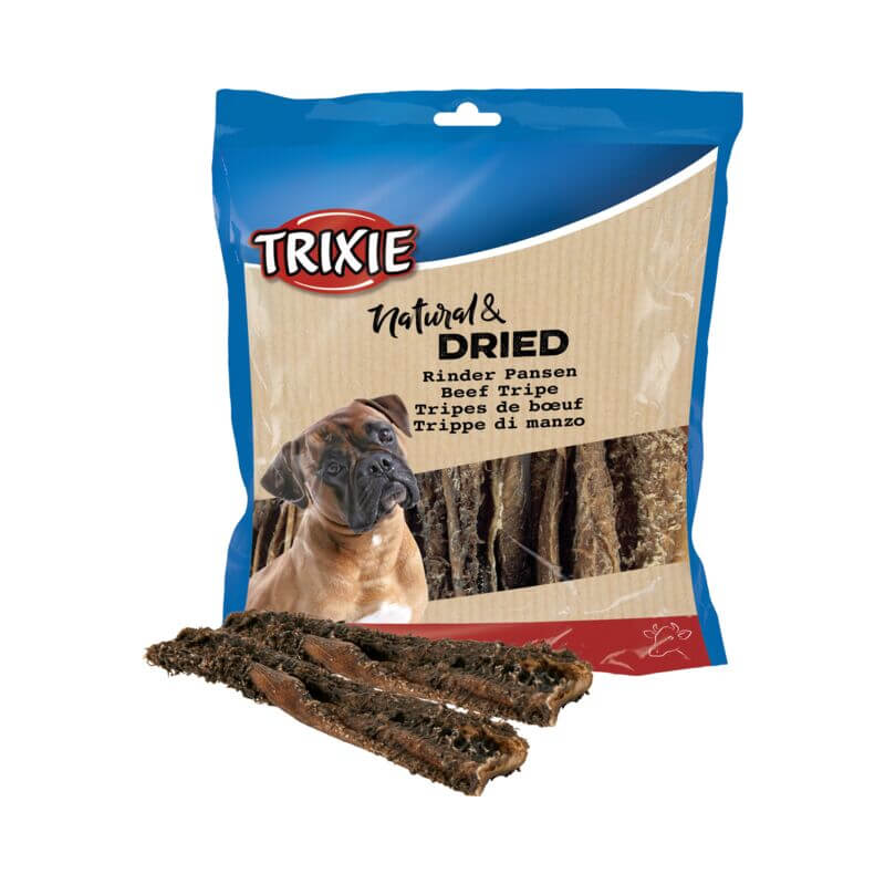 Trixie Beef Tripe Dried 500g dog treats in blue and beige packaging with a dog.