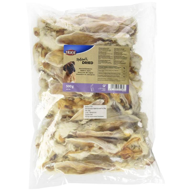 Clear bag of Trixie Rabbit Ears with Fur 500g dog treats, branded label on the front.
