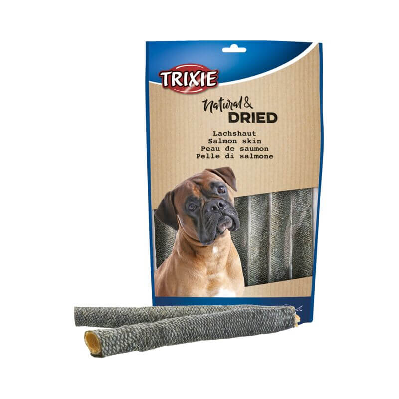 Trixie Salmon Skin Dried 150g mono-protein dog snack, shown with a brown dog and two treats.