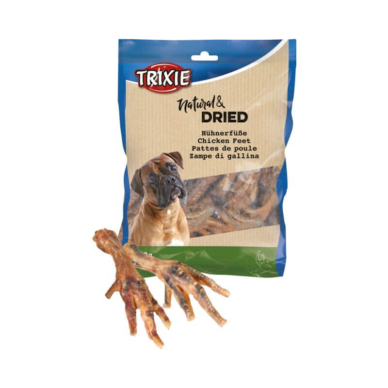 Trixie Chicken Feet Dried 250g—mono-protein treats, great for dogs with feed allergies.