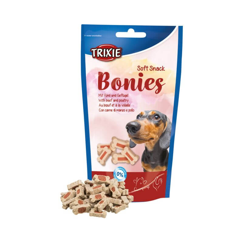 Trixie Soft Snack Bonies 75g for small dogs, beef &amp; poultry flavor, dachshund on pack.