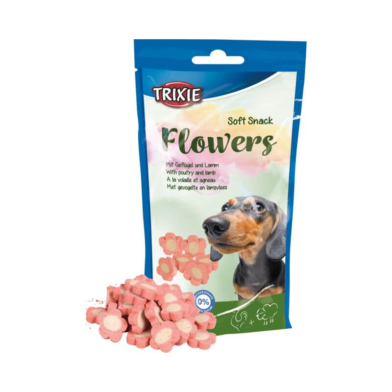 Trixie Soft Snack Flowers 75g treats for small dogs, dachshund on pack.