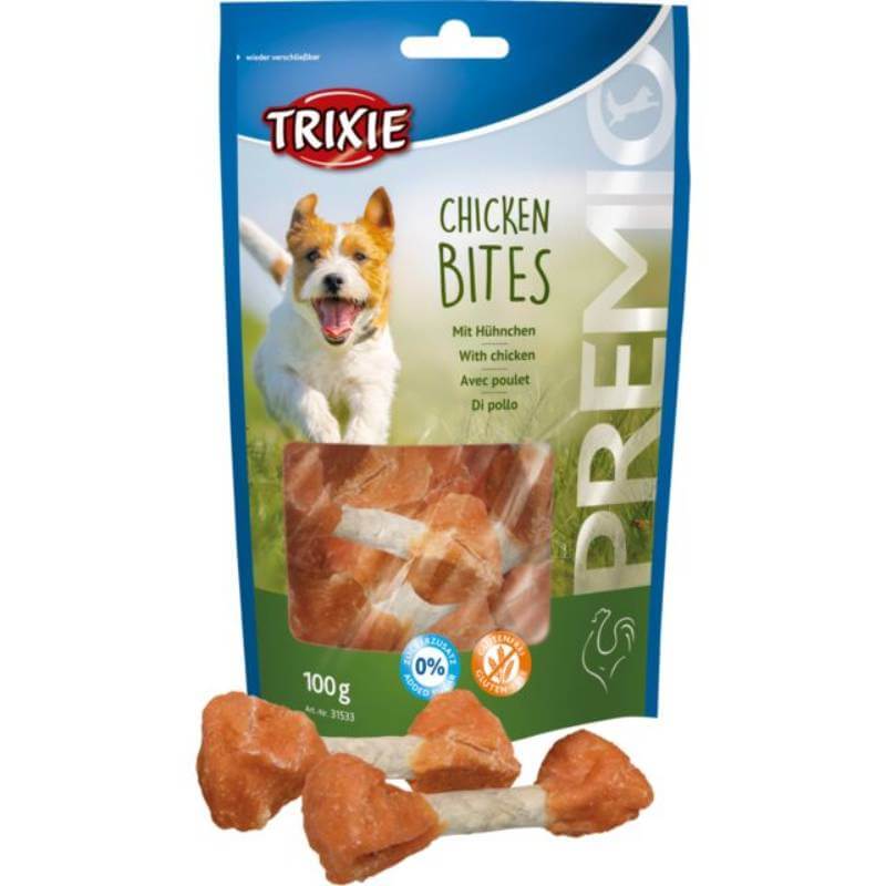A bag of Trixie Chicken Bites 100g with three bone-shaped treats displayed in front.