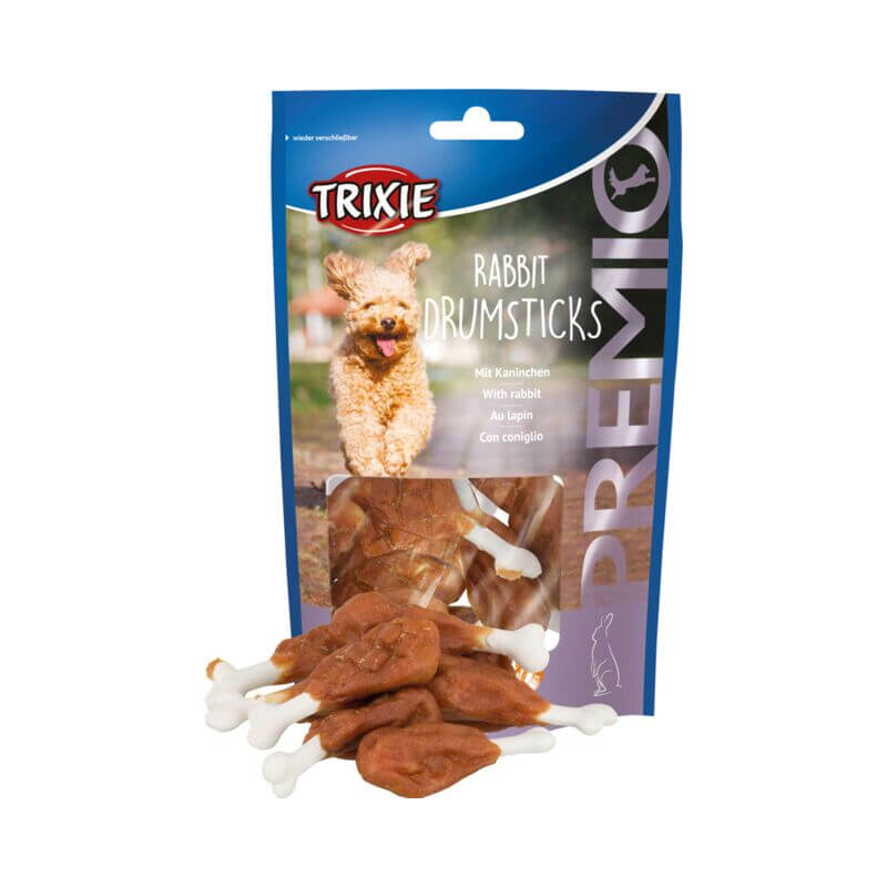 Trixie PREMIO Rabbit Drumsticks 100g dog treats displayed in front.