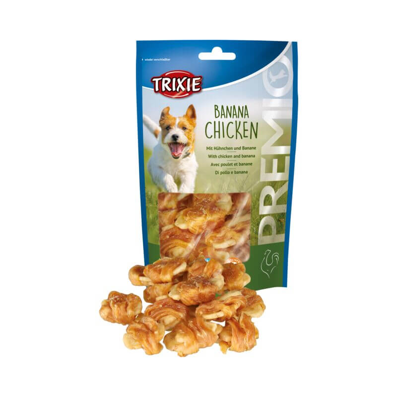 Trixie PREMIO Banana Chicken 100g dog treats in blue-green packaging with treats shown in front.