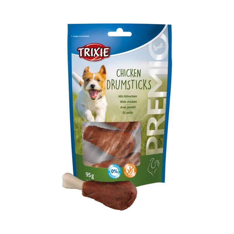 Trixie PREMIO Chicken Drumsticks 5pcs 95g with assorted snack bones and treats shown.
