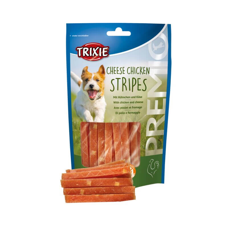 Trixie PREMIO Cheese Chicken Stripes 100g dog treats with tasty chicken breast strips.