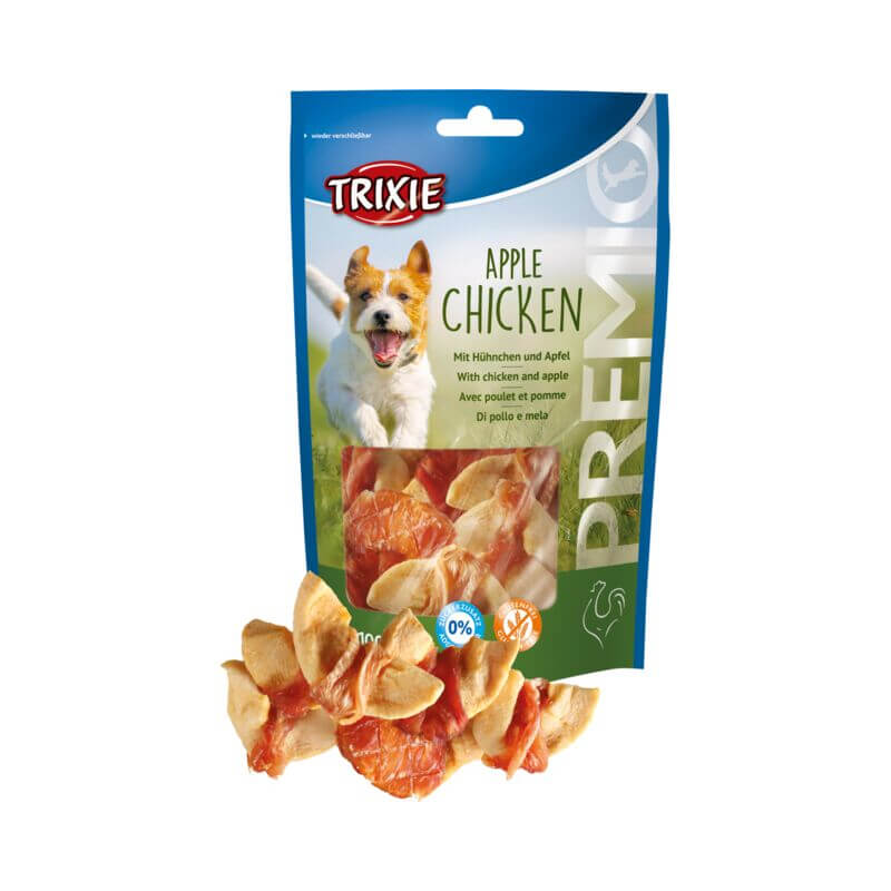 Trixie PREMIO Apple Chicken 100g dog treats in blue-green pack with a happy dog.