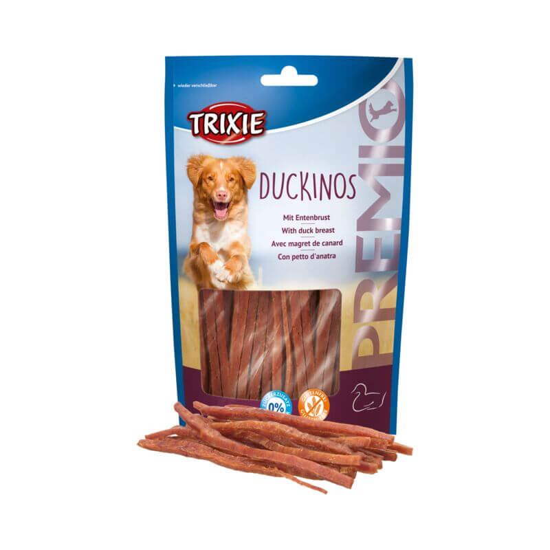 Trixie PREMIO Duckinos 80g duck breast dog treats in blue-orange pack with visible treats.