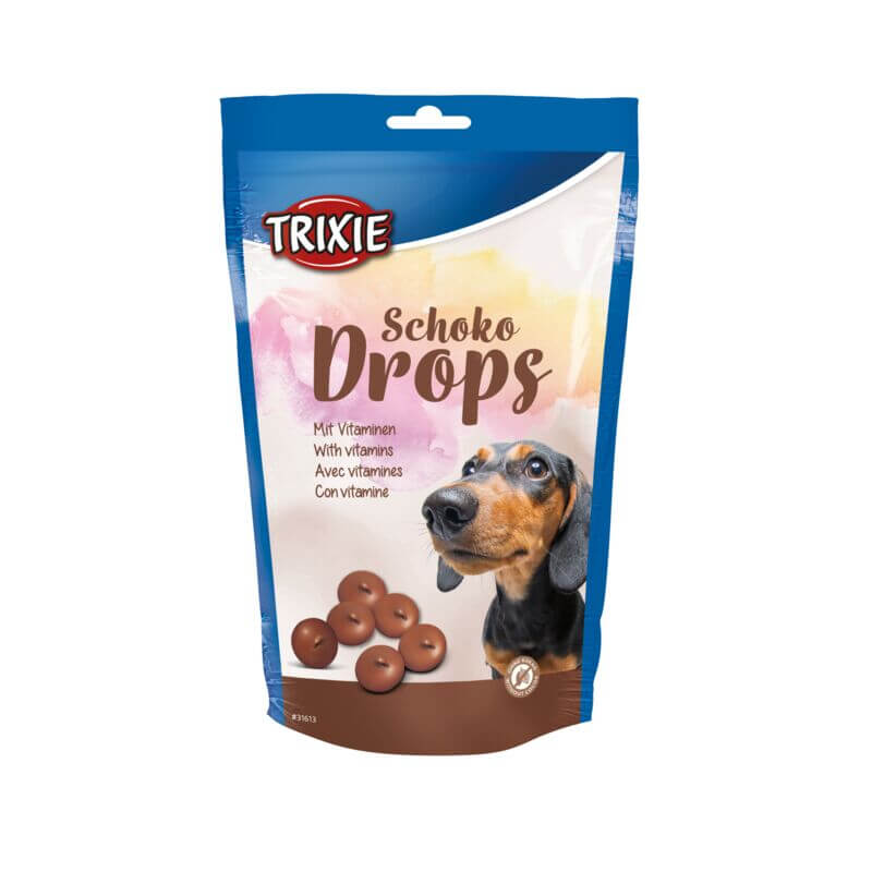 Trixie Choco Drops 200g dog treats with dachshund and chocolate drops on the bag.