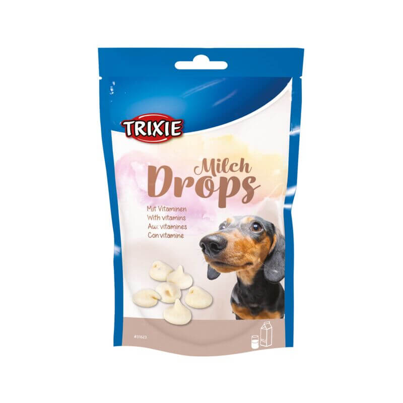 Trixie Milk Drops 200g gluten-free dog treats, package features a dachshund and white milk drops.