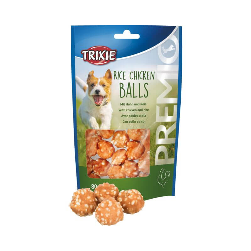 Trixie Premio Balls with Chicken &amp; Rice 80g pack shown with chicken balls in front.