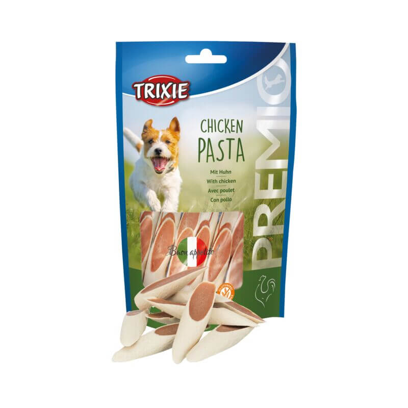 Trixie PREMIO Chicken Pasta 100g dog treats with chicken liver in blue-green packaging.