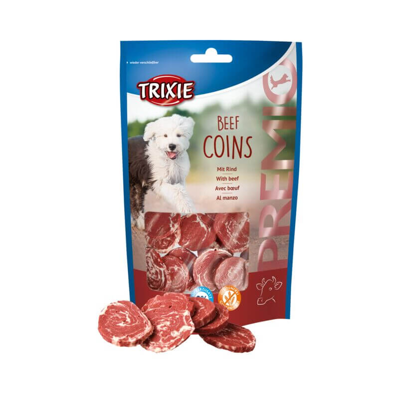 Trixie PREMIO Beef Coins 100g dog treats with red and white round pieces in front.