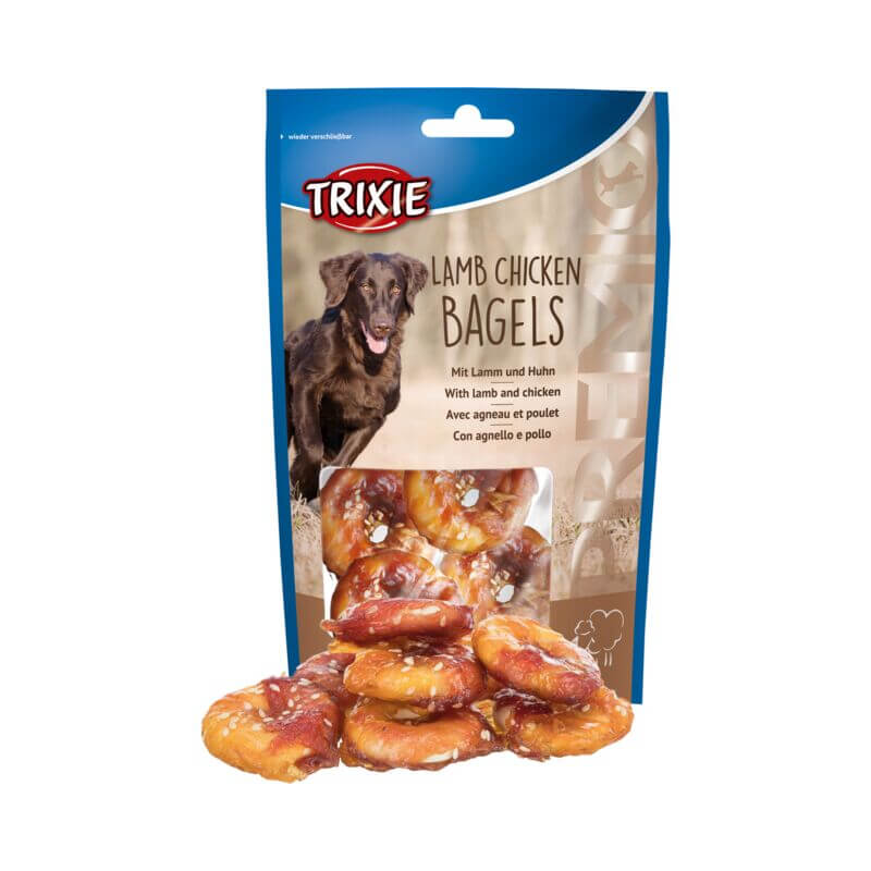 Trixie PREMIO Lamb Chicken Bagels 100g treats shown with bag and treats in front.