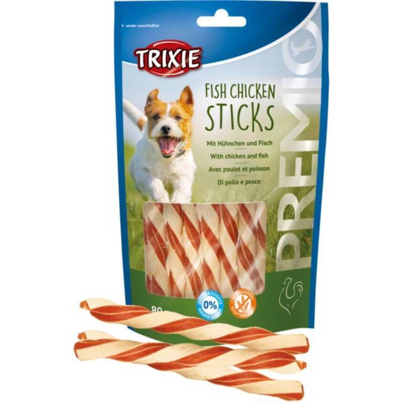 Trixie Fish Chicken Sticks 80g gluten-free dog treats in blue pack, three sticks shown.
