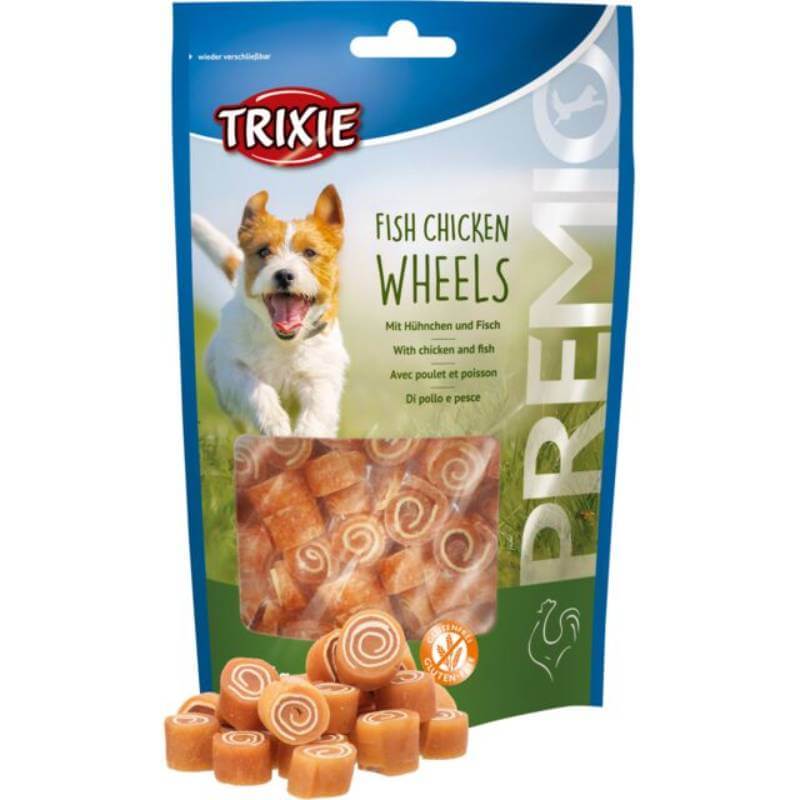Trixie Fish Chicken Wheels 75g, gluten-free dog treats in a blue resealable bag.