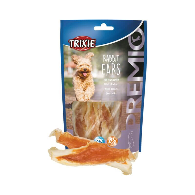 Trixie PREMIO Rabbit Ears 80g dog treats package and treats shown.