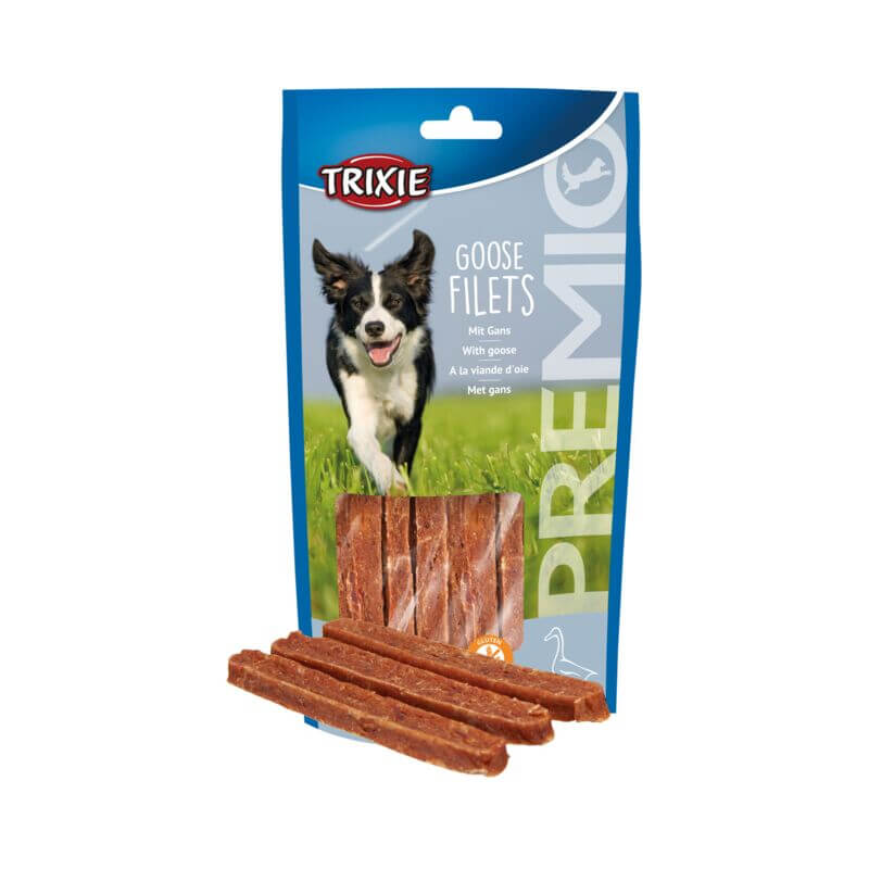Trixie PREMIO Goose Filets 65g mono-protein dog treats with strips in front of the pack.