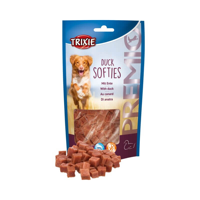 Trixie PREMIO Duck Softies 100g dog treats shown with duck meat in front of the package.