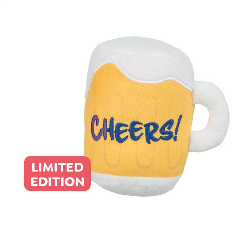 Trixie Oktoberfest Beer Large Plush Dog Toy, limited edition, with “Cheers!” text.