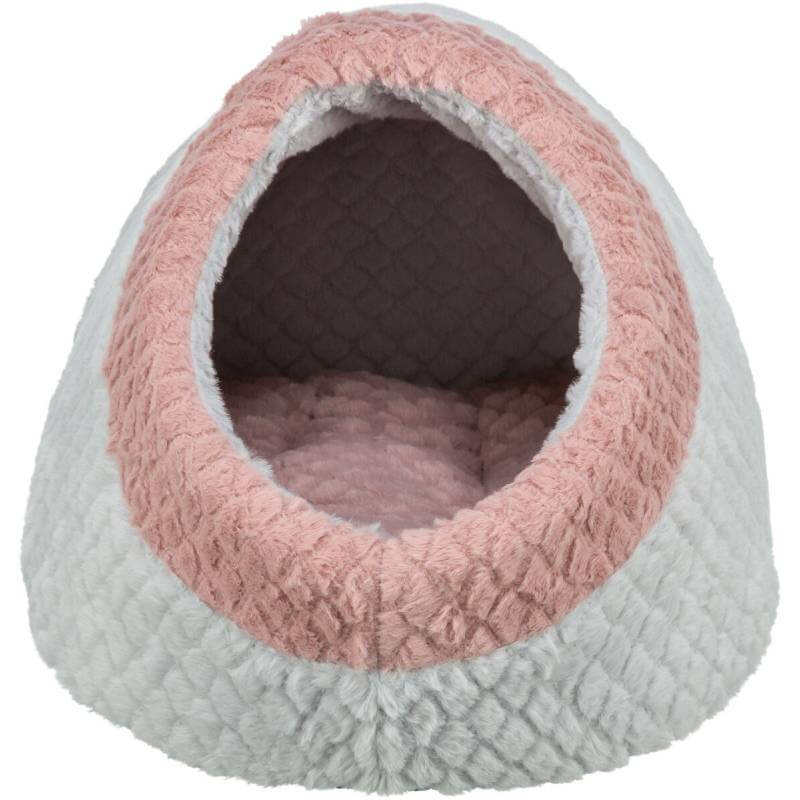 Trixie Kaline Mio Dog Cave in grey &amp; old pink features a plush cave and rounded entrance.