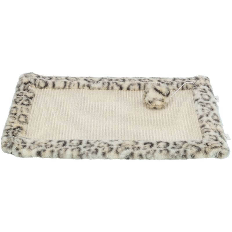 Trixie Leo Cat Scratching Mat Cream Leopard with plush border and toy mouse for playful cats.