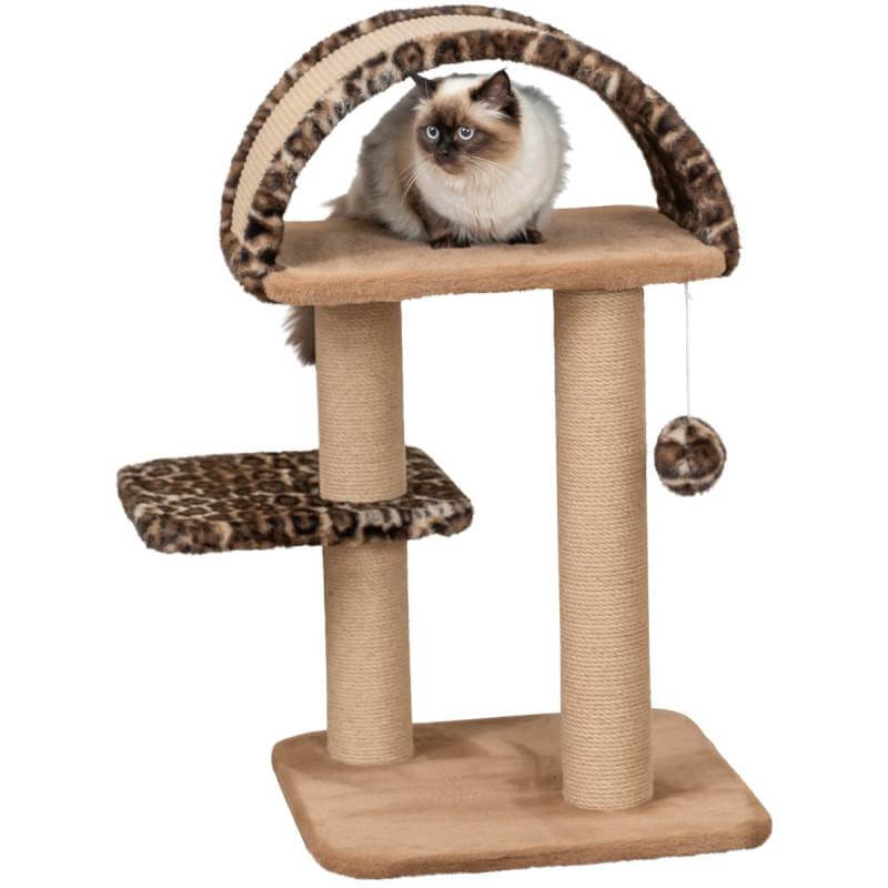 A cat lounges on the Trixie Leo Cat Tree Square Brown Leopard with a hanging toy ball.