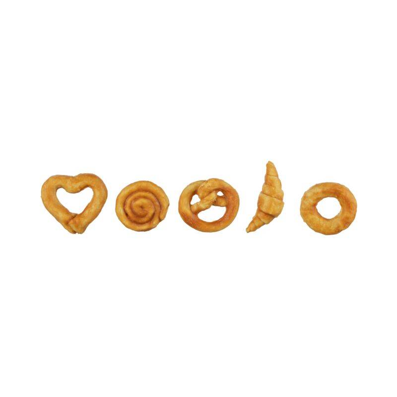 Trixie Denta Fun Collagen Pastry Set: 5 assorted shapes arranged in a row on white background.